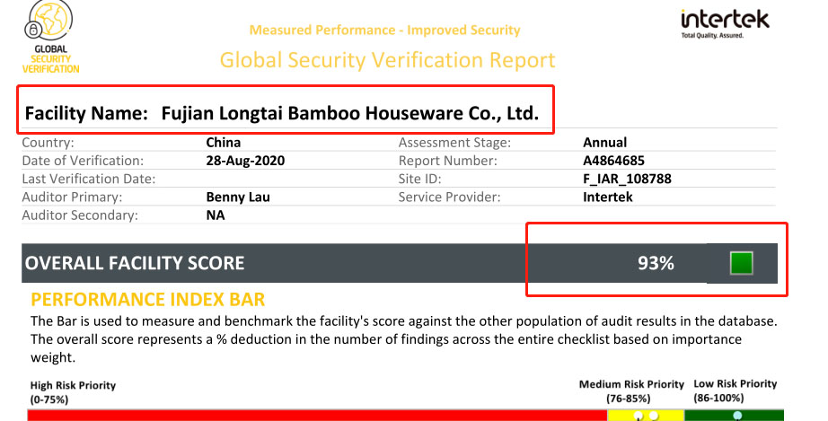 恭賀福建龍泰竹家居股份有限公司2020年順利通過ITS GSV驗廠并取得93分